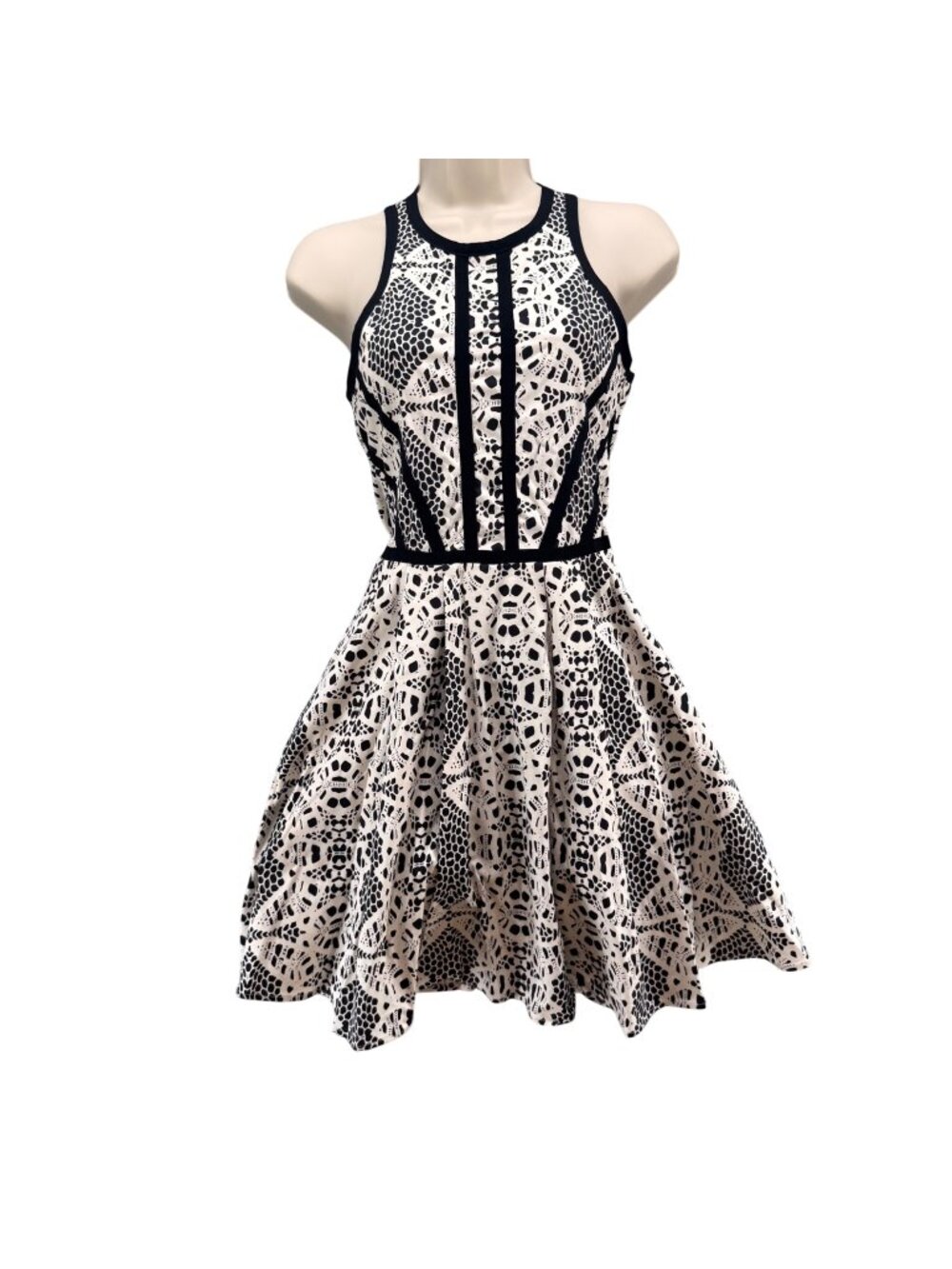 Parker Hudson Mini Dress Black White Madeira Lace Print Fit Flare Cutout Size S
